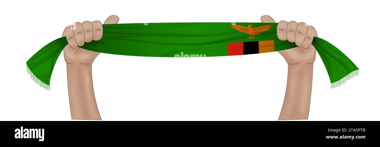 3D illustration. Hand holding flag of Zambia on a fabric ribbon background. Stock Photo