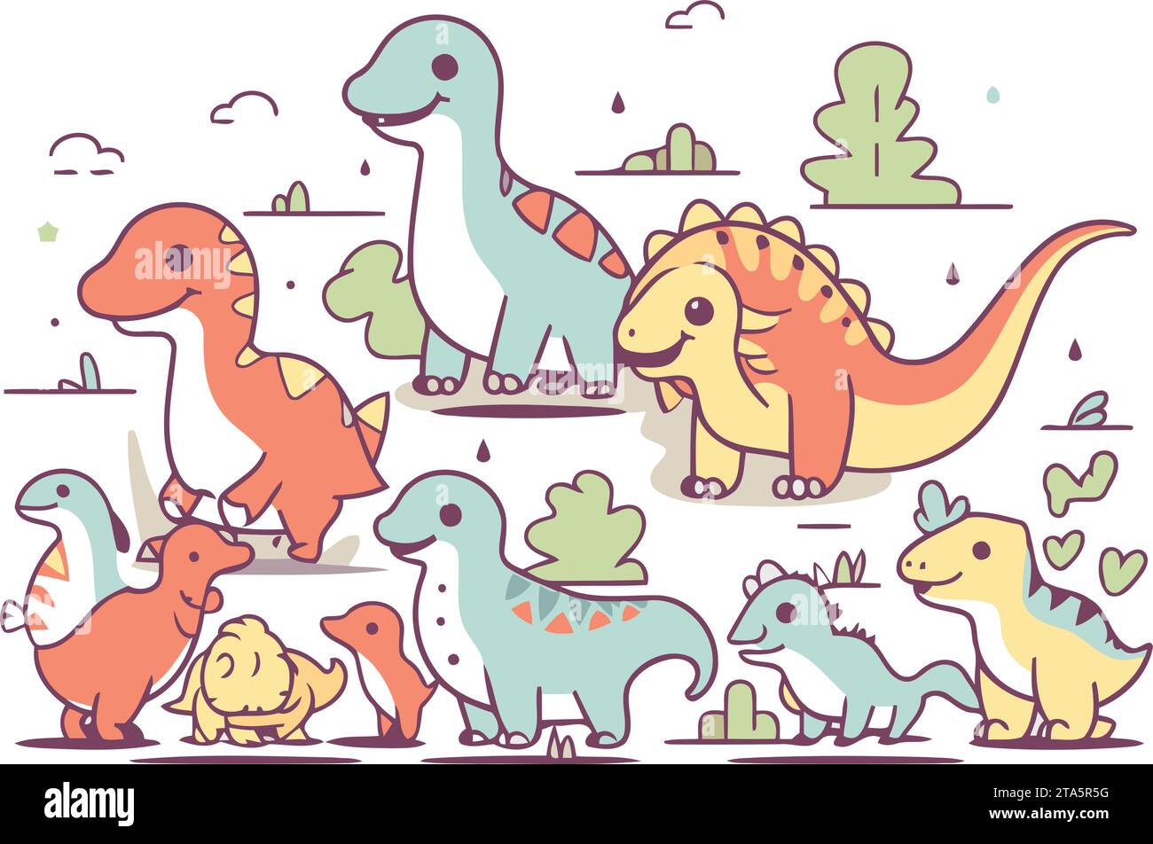 Cute cartoon dinosaurs set. Vector illustration in doodle style Stock ...
