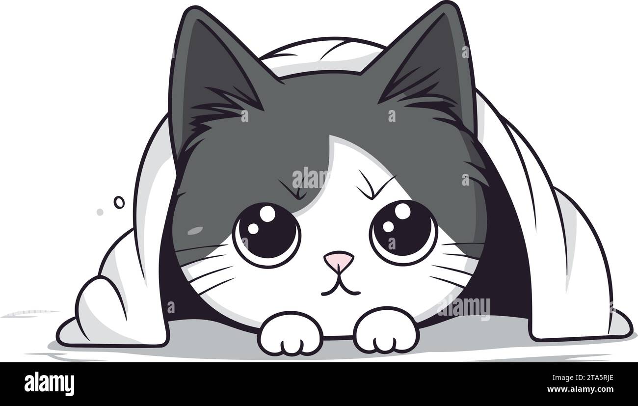 Cute black and white cat hiding under a blanket. Vector illustration