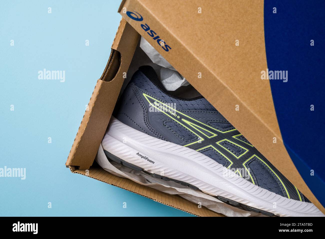 Antalya, Turkey - November 28, 2023: Asics running shoes with new technology soles in shoe box Stock Photo
