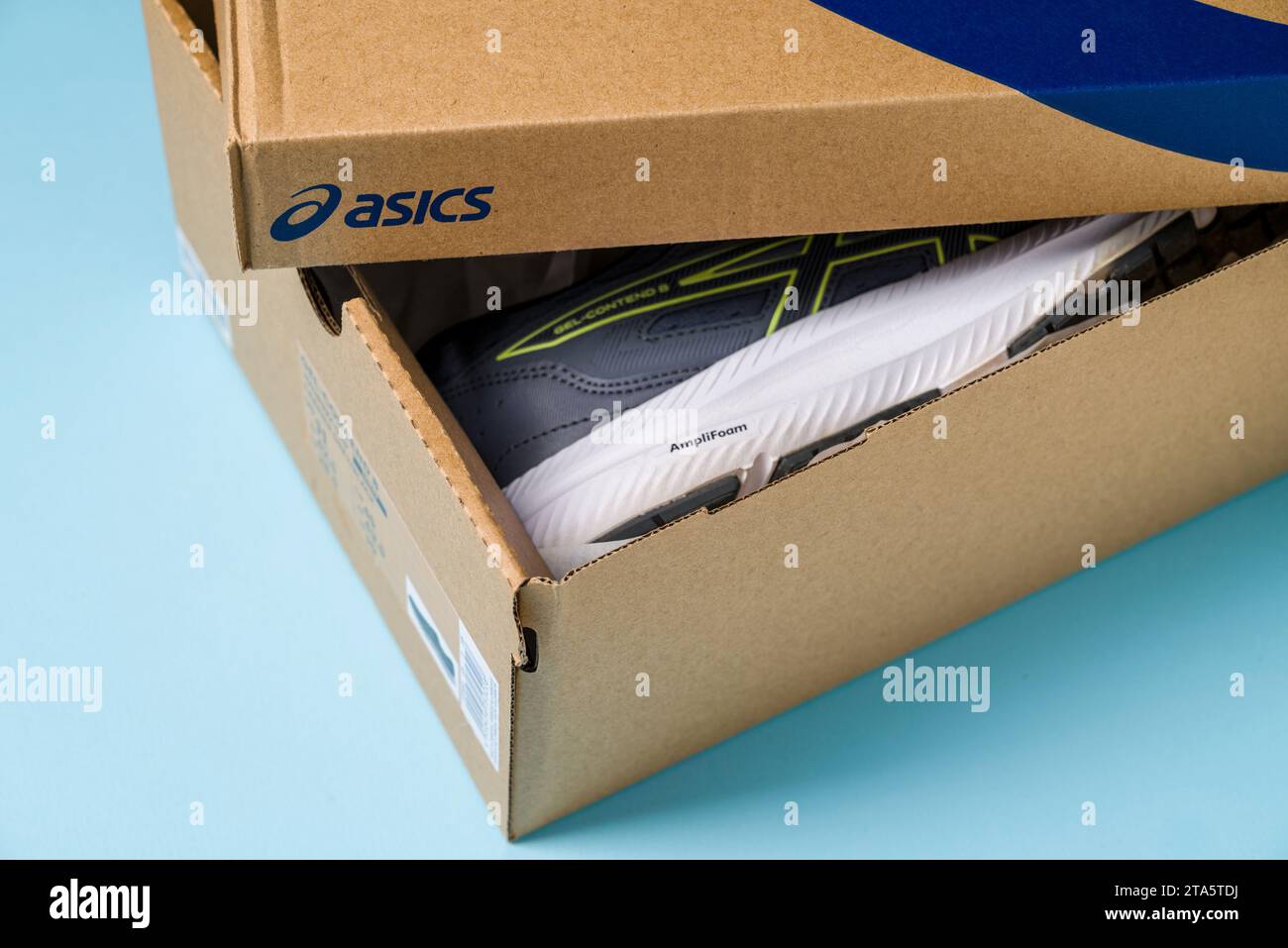 Antalya, Turkey November 28, 2023 Asics running shoes with new technology soles in shoe box