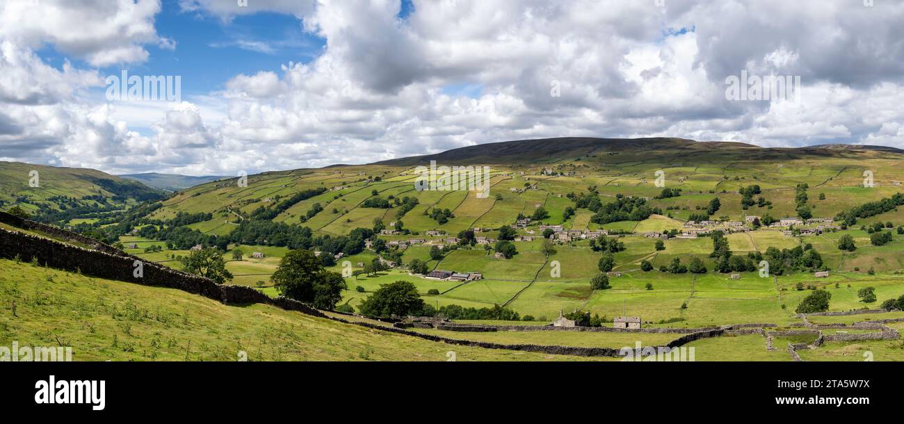 A view of Reeth village and Swaledale from Harkerside Moor. Stock Photo