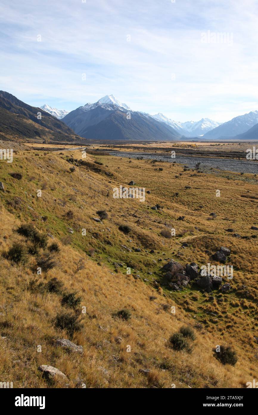 Mount Cook New Zealand across the valley from Mount Cook Road - Canterbury New Zealand Stock Photo