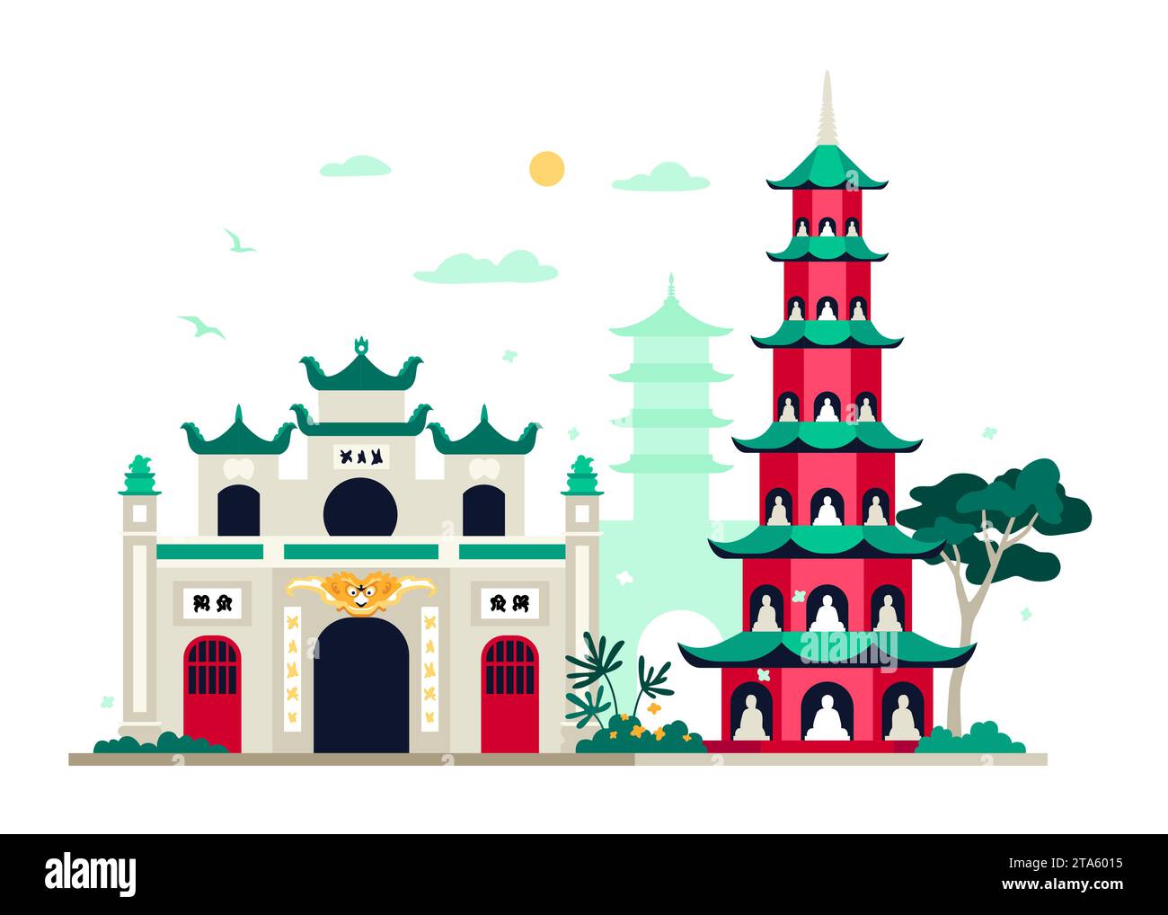 Ancient Asian temples - modern colored vector illustration Stock Vector