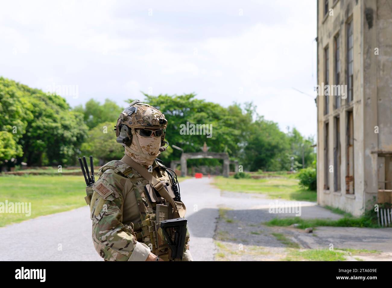 Soldier in civil war, ruined building. Close quarter battle and civil ...