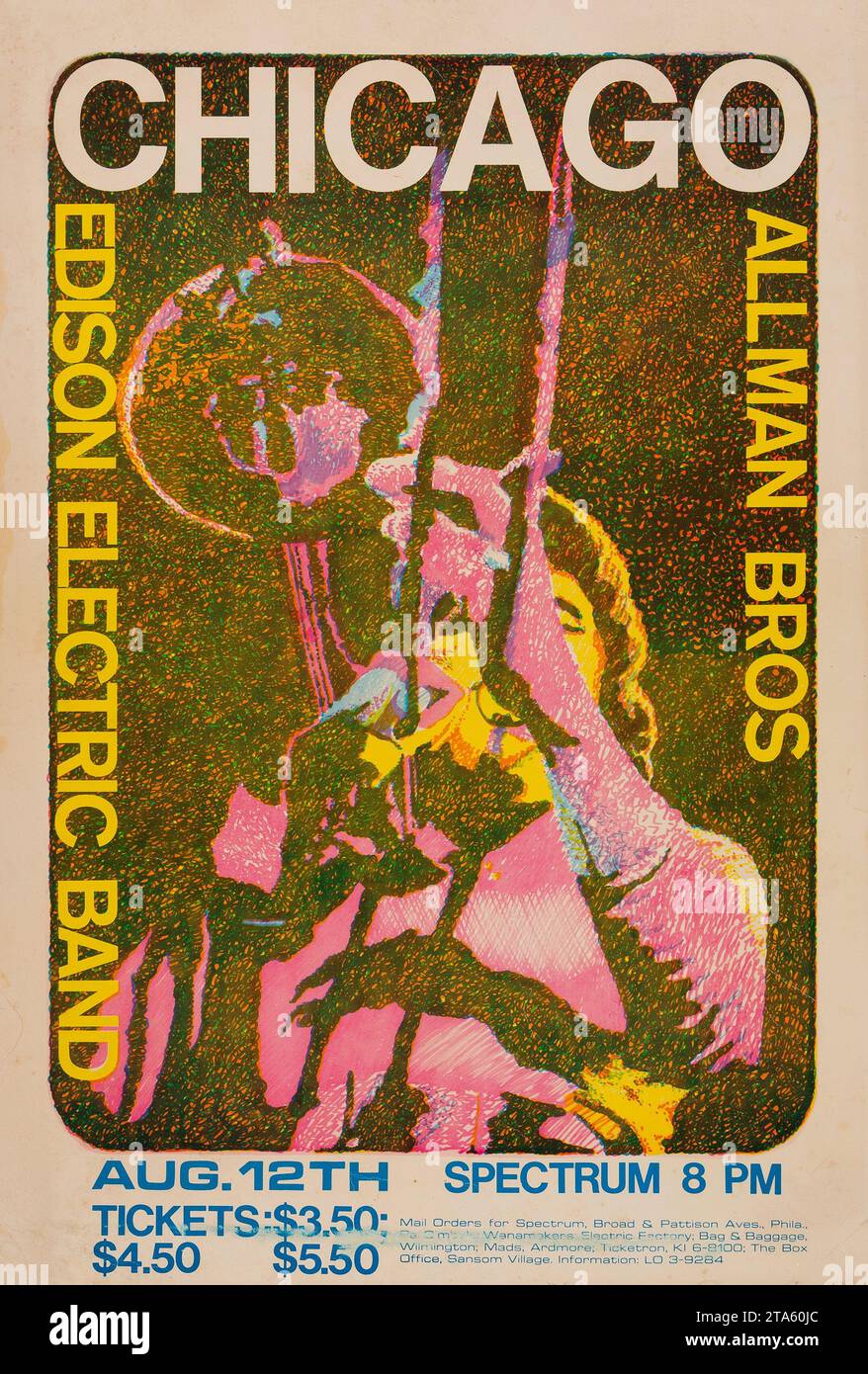 CHICAGO and The Allman Brothers Band (with Duane on Guitar) Edison Electric Band, Aug 12th 1970, Spectrum Philadelphia Vintage Concert Poster Stock Photo