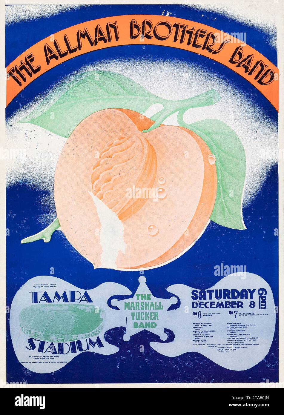 The Allman Brothers Band and The Marshall Tucker Band 1973 Tampa Stadium, Florida - Vintage Concert Poster Stock Photo