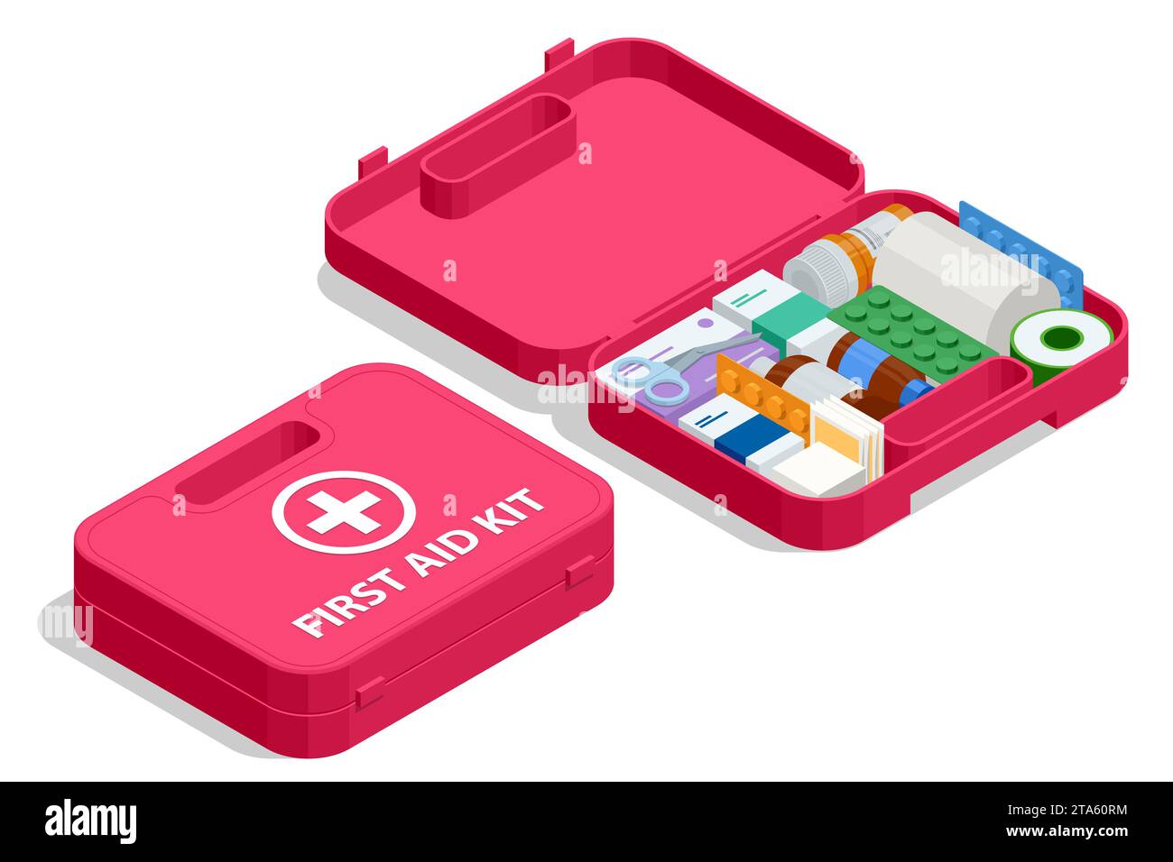 Isometric open first aid kit box with medical equipment and medications ...