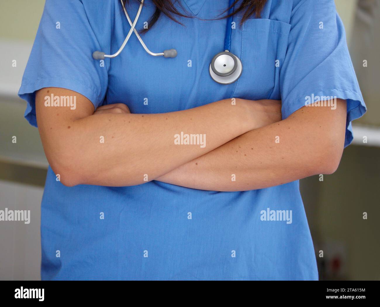 Woman, doctor and arms crossed of professional veterinarian for healthcare or domestic animal service. Closeup of female person, nurse or medical Stock Photo