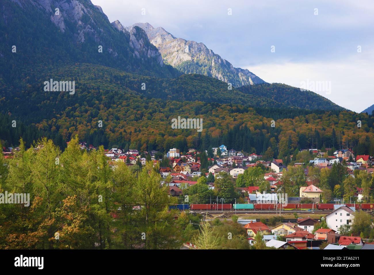 The town of Busteni and Carpathian Mountains from Cantacuzino Castle, Romania Stock Photo