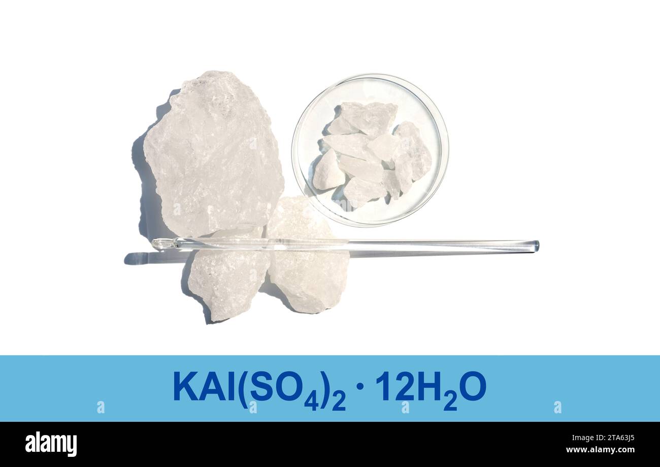 Alum Crystal with chemical formula, chemical ingredient on white laboratory table Stock Photo