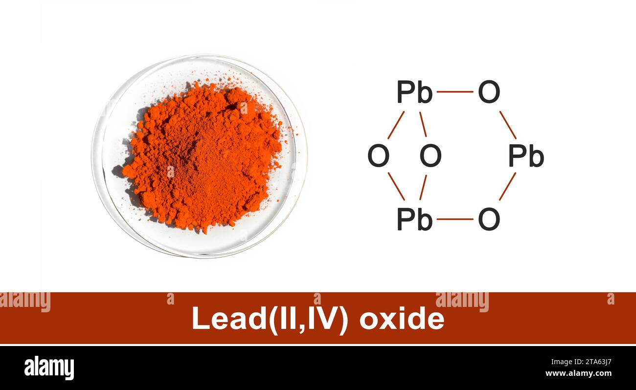 Lead (II,IV) oxide in Chemical Watch Glass on white laboratory table