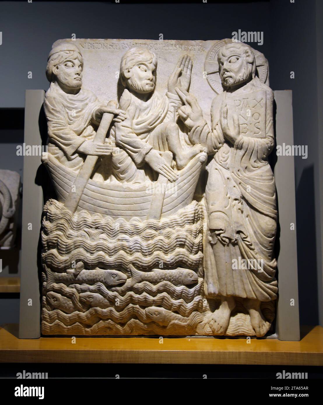 Jesus Appearing to the Disciples on the Sea. Master of Cabestany. 12th century. Marble. Portal of Monastery of  Sant Pere de Rodes. Girona. Stock Photo