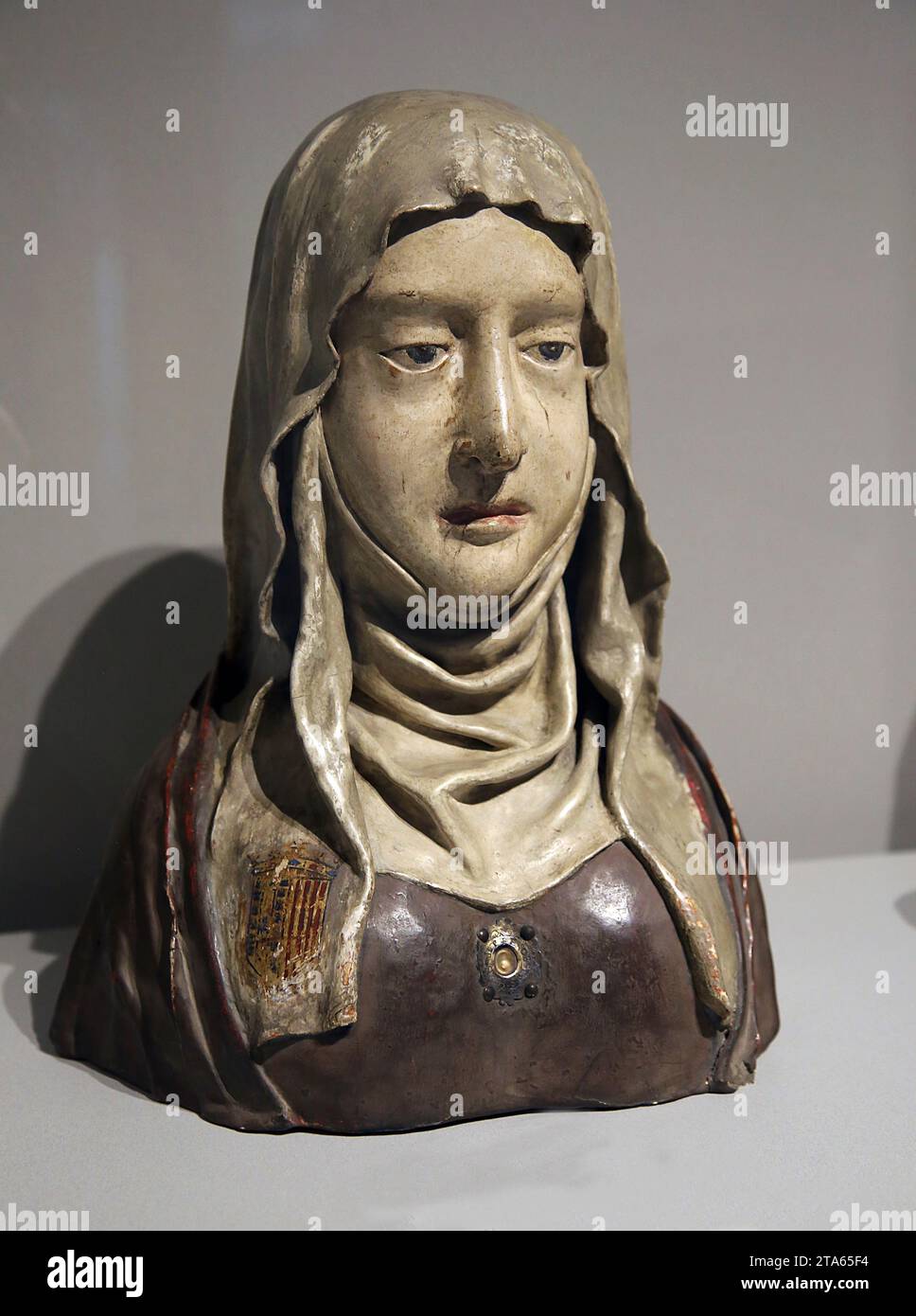 Reliquary bust of Saint Elizabeth of Hungria. 16th century. Unknown author. Wood carving and glued cloth polychromed. Museu Mares. Stock Photo