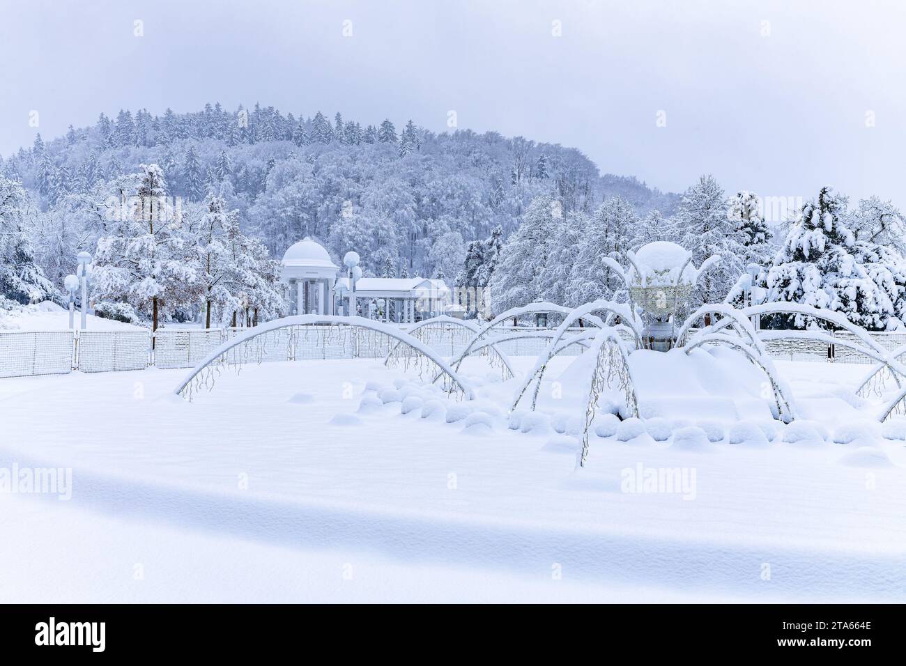 Snow-covered singing fountain with the Carolina Spring Colonnade ...