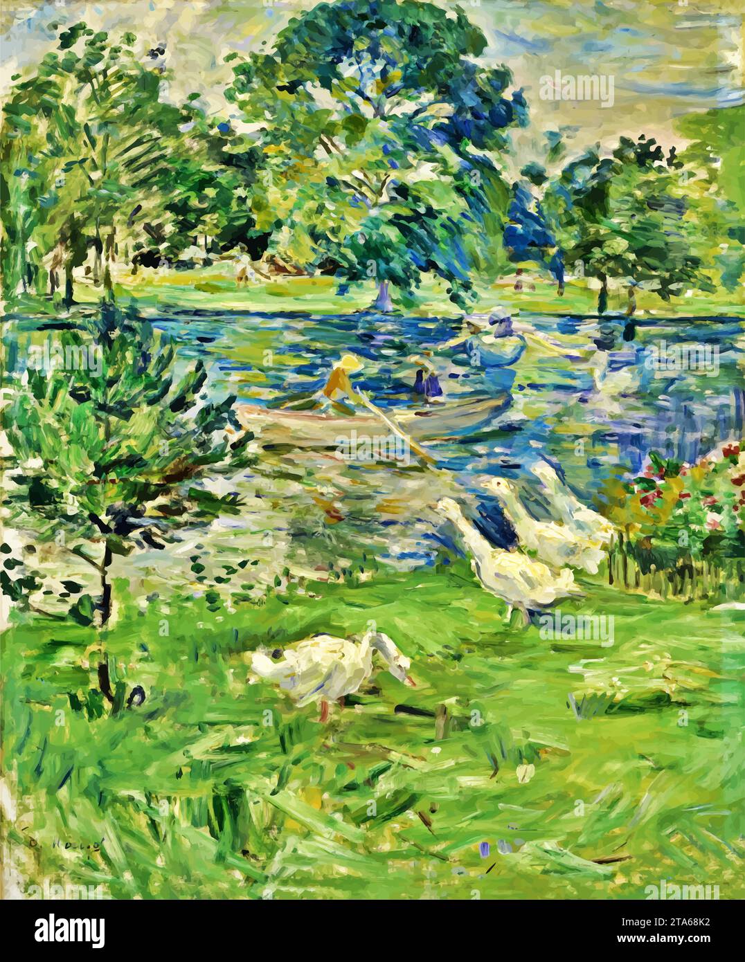 Girl in a Boat with Geese, 1889 (oil on canvas) by Artist Morisot, Berthe (1841-95) / French. Stock Vector