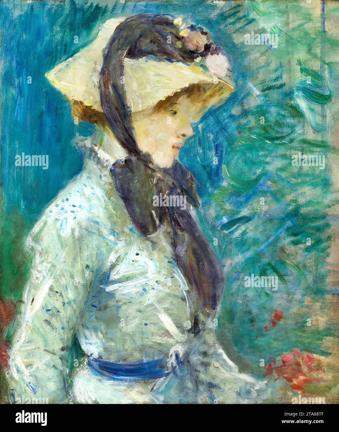 Young Woman with a Straw Hat, 1884 (oil on canvas) by Artist Morisot, Berthe (1841-95) / French. Stock Vector