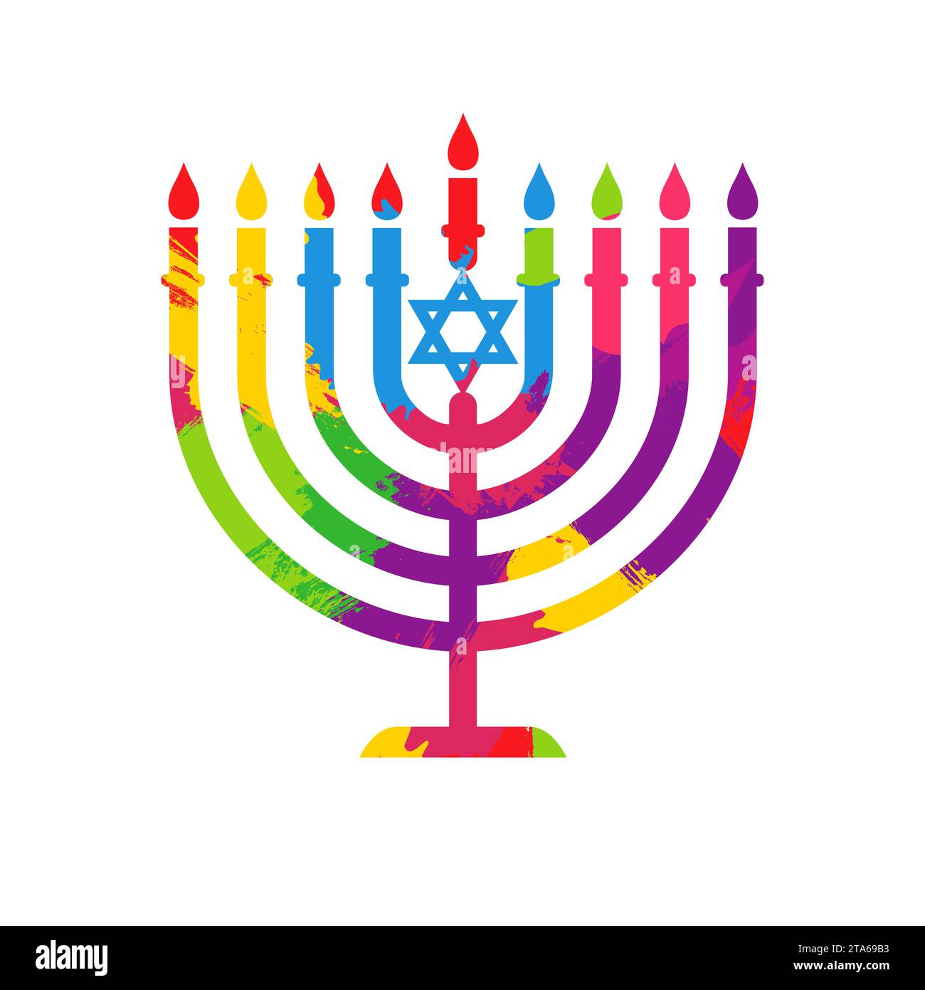Drawn style hanukkah menorah. Happy Hanukkah Jewish festival of lights,  menorah candle icon with colored ink blots texture. Vector illustration Stock Vector