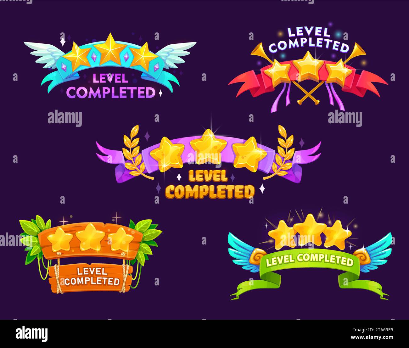 Game level complete or level up badge icons. Videogame win symbols ...