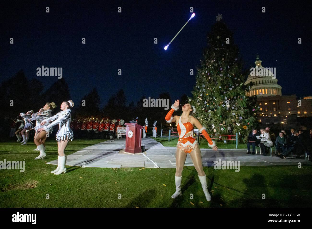 The Lumberjack Express from Richwood High School in Richwood, West Virginia performs in the frigid cold wind during the Capitol Tree Lighting Ceremony on the West Lawn of the US Capitol in Washington, DC, Tuesday, November 28, 2023. U.S. Capitol Christmas Tree is a 63-foot Norway spruce from the Greenbriar Ranger District in the Monongahela National Forest in West Virginia. The Monongahela National Forest was the first national forest to provide the Peoples Tree on behalf of the Forest Service in 1970, and again in 1976. The tree was named wafeemtekwi by the Shawnee Tribe and means Bright Star Stock Photo