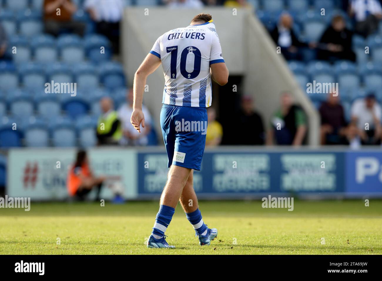 Noah Chilvers of Colchester United misses from the penalty spot - Colchester United v Morecambe, Sky Bet League Two, JobServe Community Stadium, Colchester, UK - 7th October 2023 Editorial Use Only - DataCo restrictions apply Stock Photo