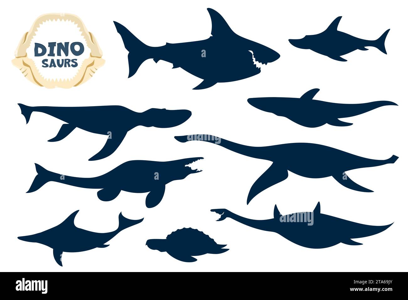 Isolated aquatic dinosaurs cartoon personages silhouettes. Megalodon, Ophthalmosaurus, Liopleurodon and Kronosaurus, Tylosaurus, Plesiosaurus and Ichthyosaur, Archelon sea dinosaurs silhouettes set Stock Vector