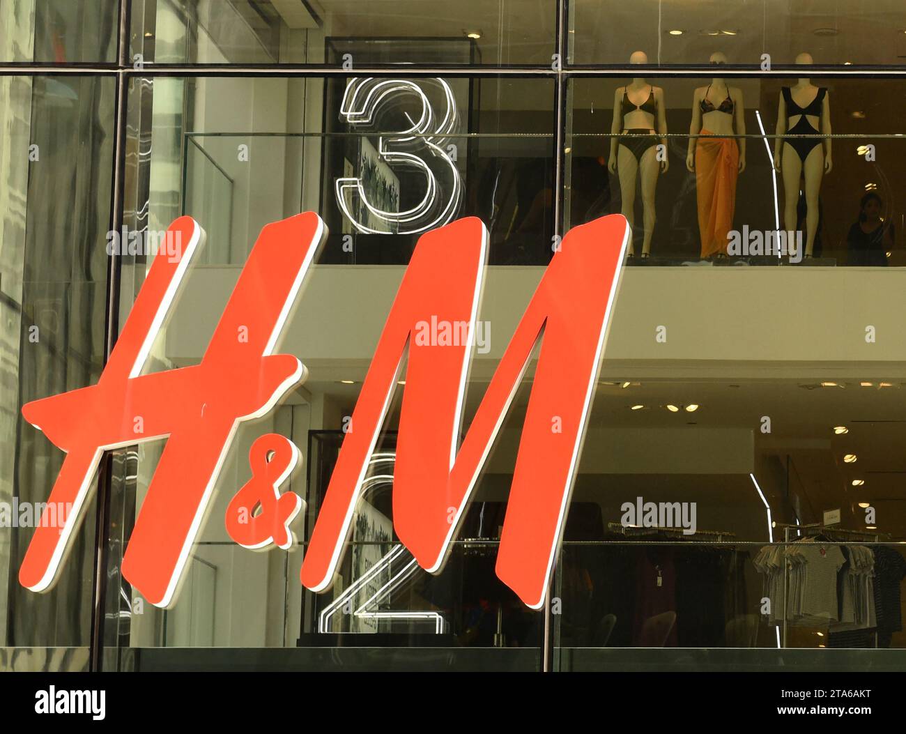 New York, USA - June 8, 2018: H&M logo on the store in New York. Stock Photo