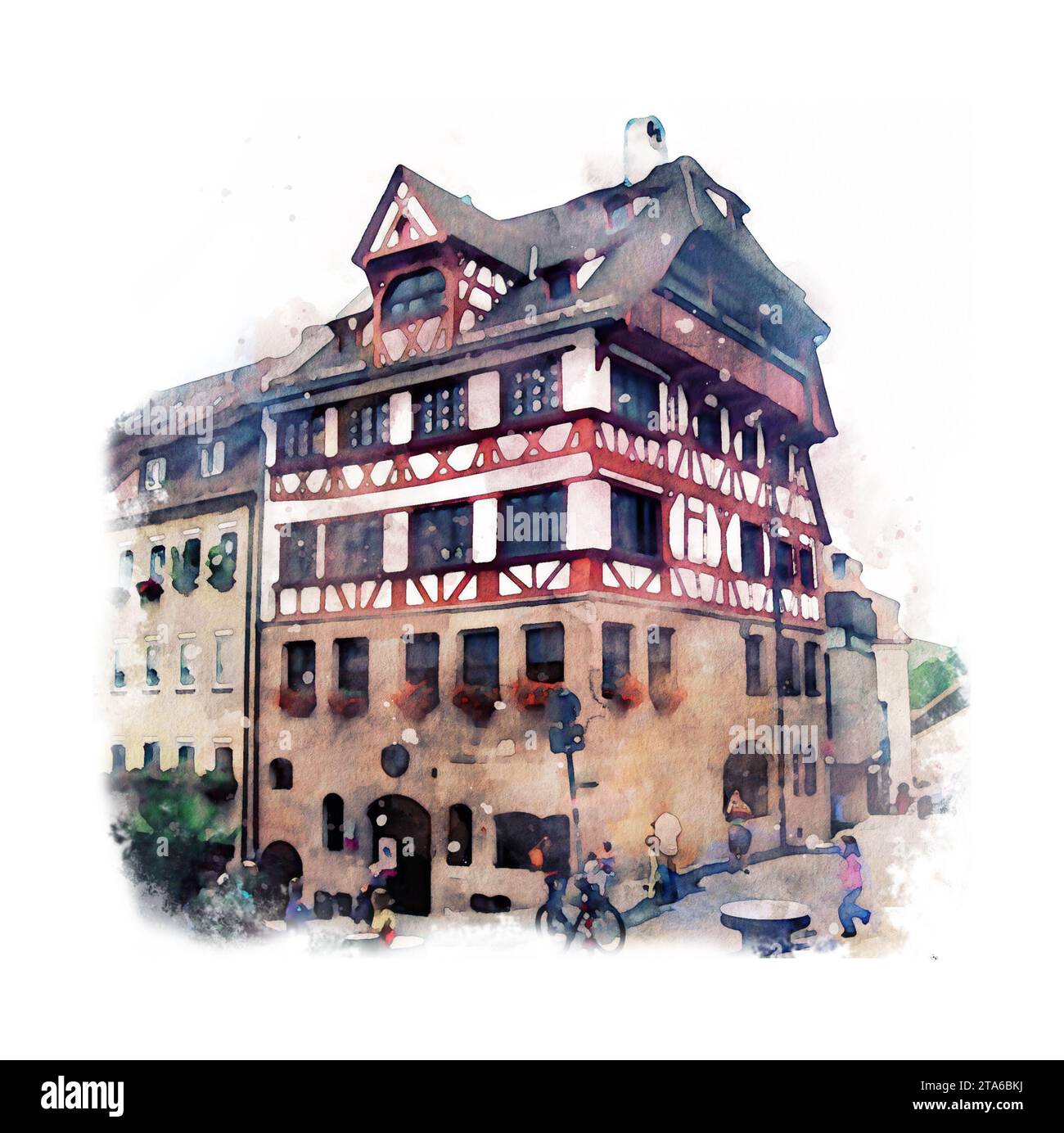 Watercolor building. Durer House in Nurnberg. Expressive watercolor sketch on white background. German landmark. Hand drawn realistic illustration Stock Photo