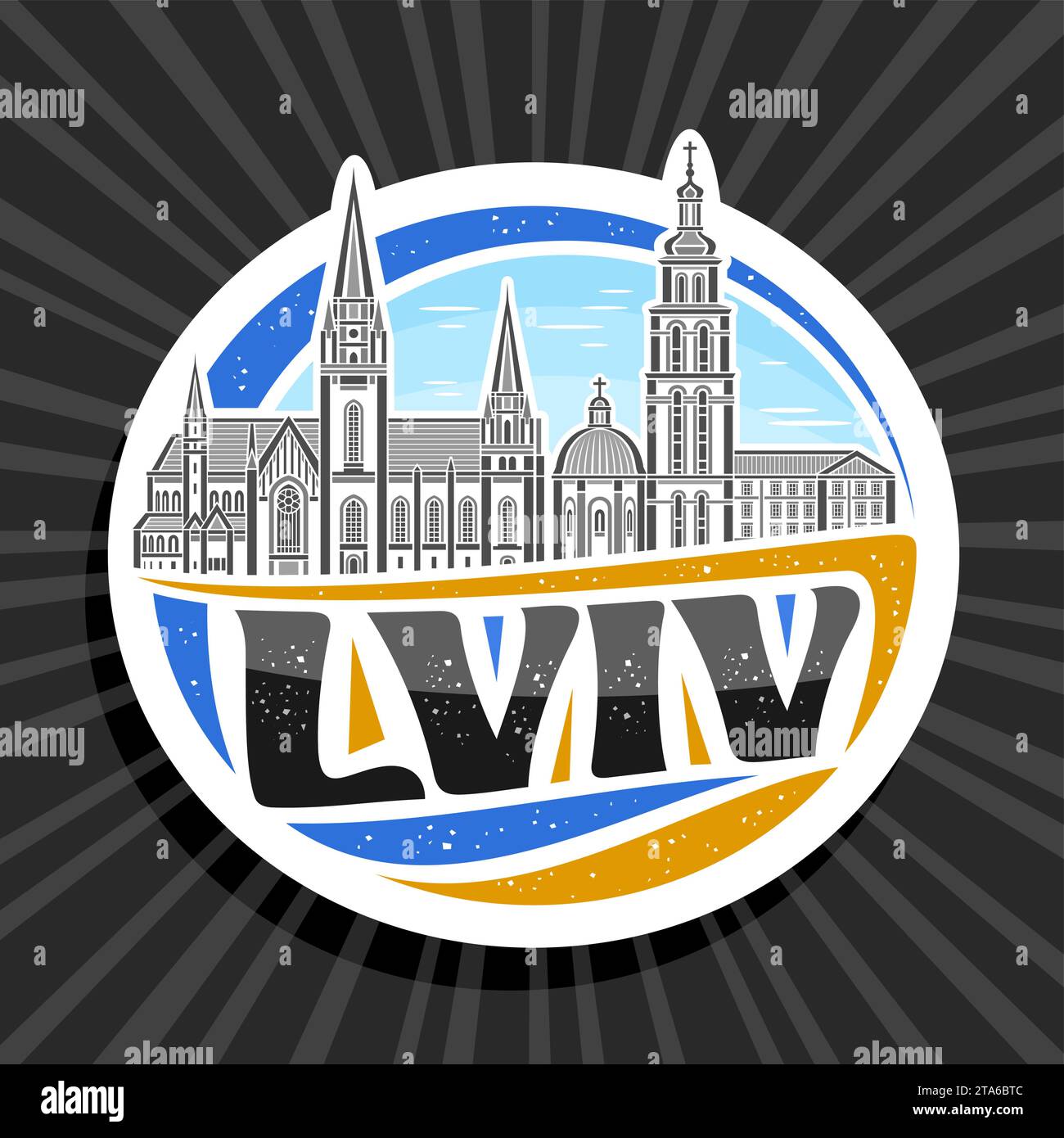 Vector logo for Lviv, white decorative label with line illustration of famous european lviv city scape on day sky background, art design refrigerator Stock Vector
