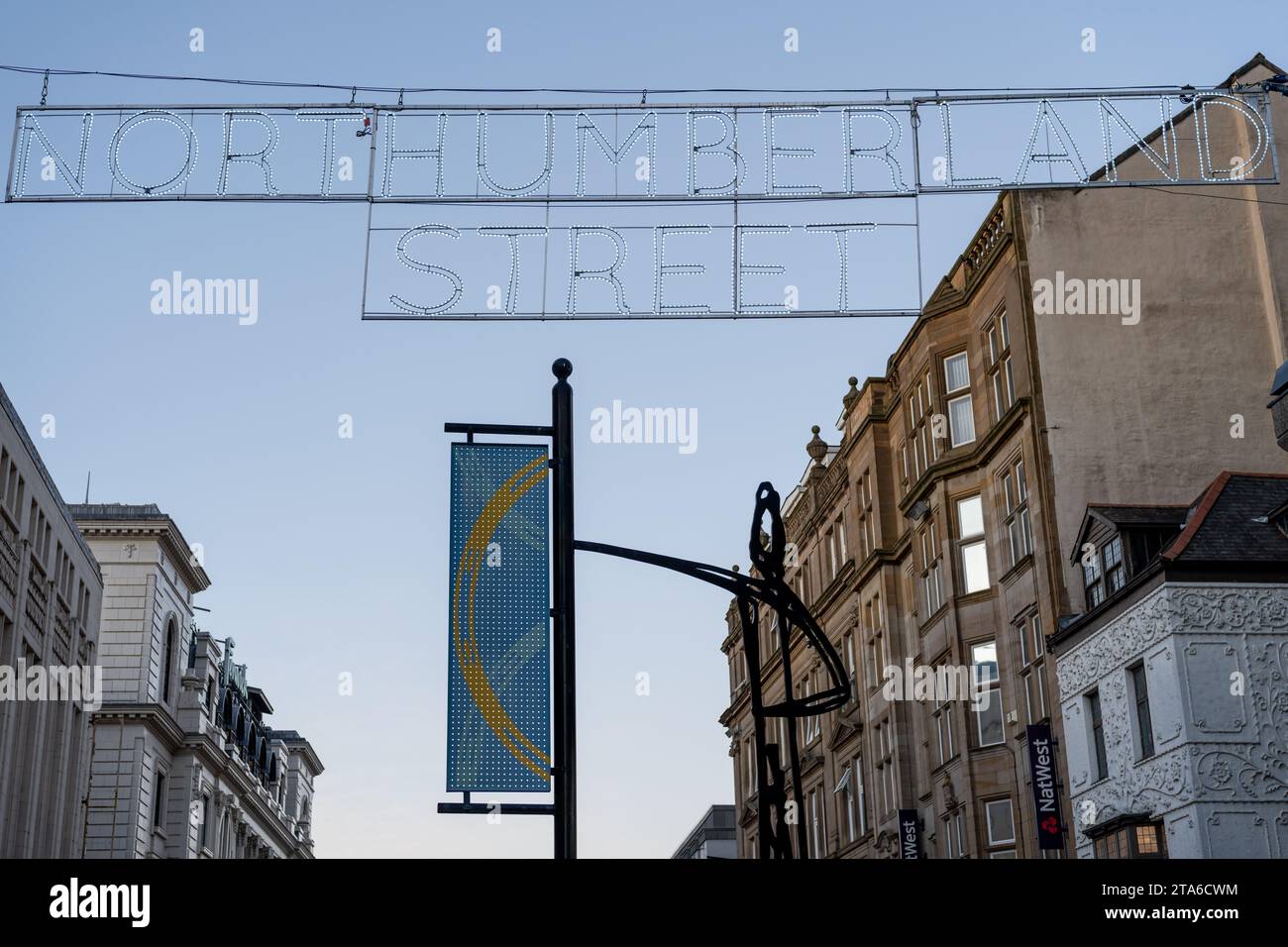 Sign at Northumberland Street, Newcastle upon Tyne, UK with the name in lights during Christmas shopping season. Economy concept. Stock Photo