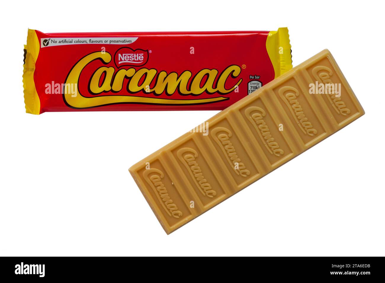 bars of Nestle Caramac chocolate one opened to show contents isolated on white background - looking down on from above - The Caramel Flavour bar Stock Photo