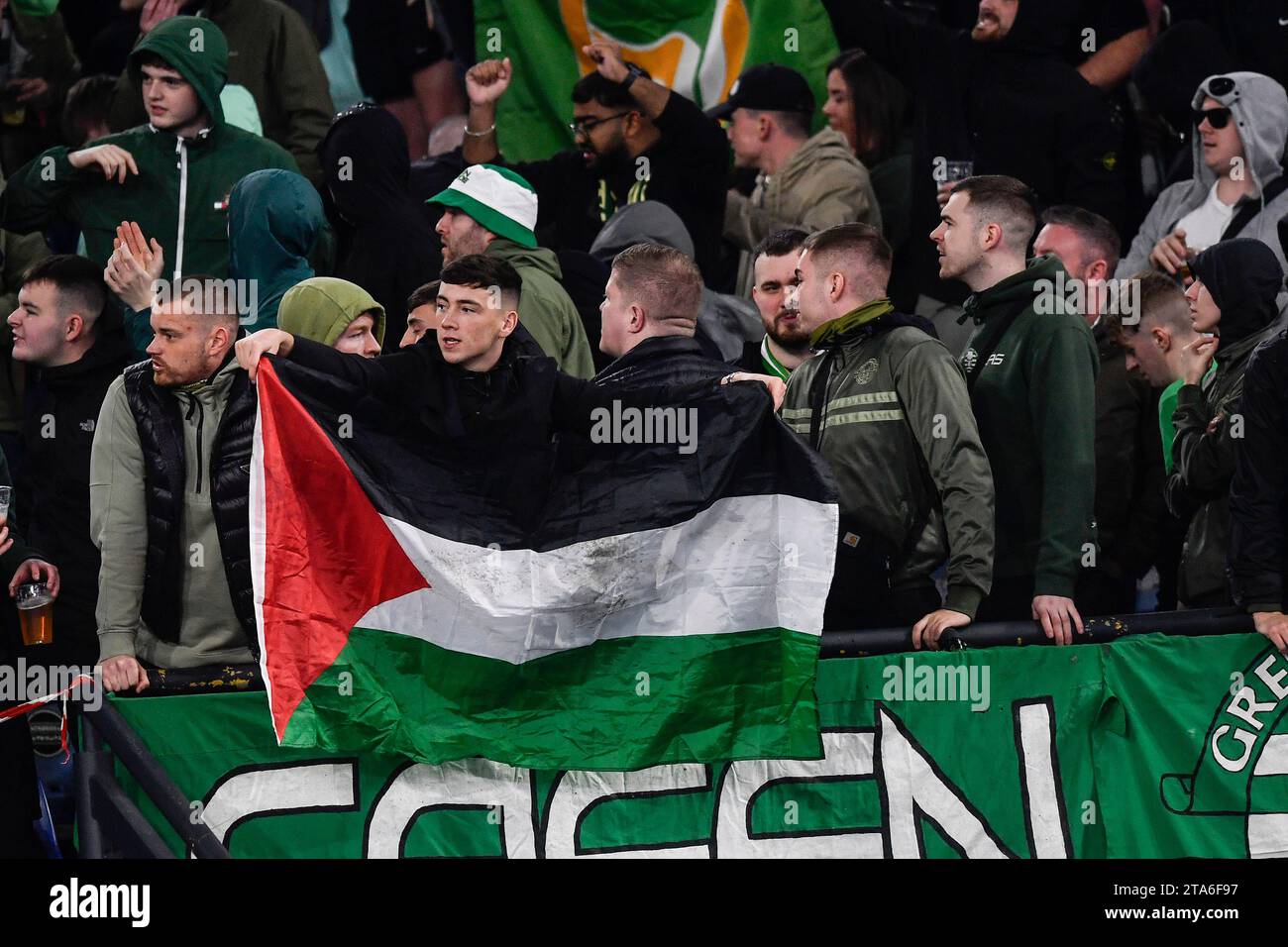 Celtic supporters with Palestine flag during the Champions League Group E football match between SS Lazio and Celtic at Olimpico stadium in Rome (Italy), November 28th, 2023. Stock Photo