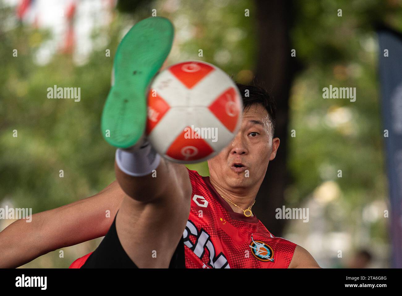 Bangkok, Thailand. 29th Nov, 2023. Zhang Jun Ming of China plays against Andrew Henderson of United Kingdom during Teqball Men's Singels group stage match in World Teqball Championships 2023 at Huamark Indoor Stadium. Zhang Jun Ming won over Andrew Henderson 2:0 (12:4, 12:5). Credit: SOPA Images Limited/Alamy Live News Stock Photo