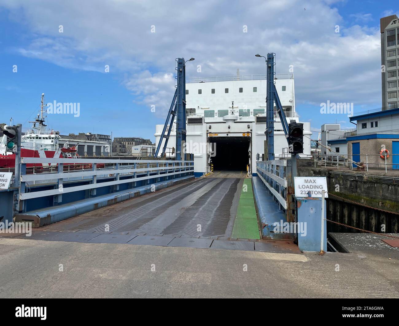 Boarding entrance for cars on the North Link Ferry at Aberdeen Harbour for sailing to Lerwick and the Shetland Islands Stock Photo