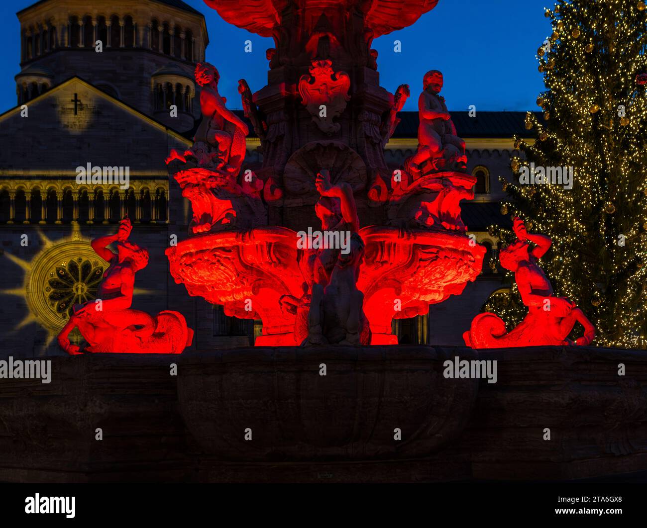 the Neptune fountain on the Duomo square with Christmas light. Details of the fountain, Trento,Trentino Alto Adige,northen Italy, Europe Stock Photo