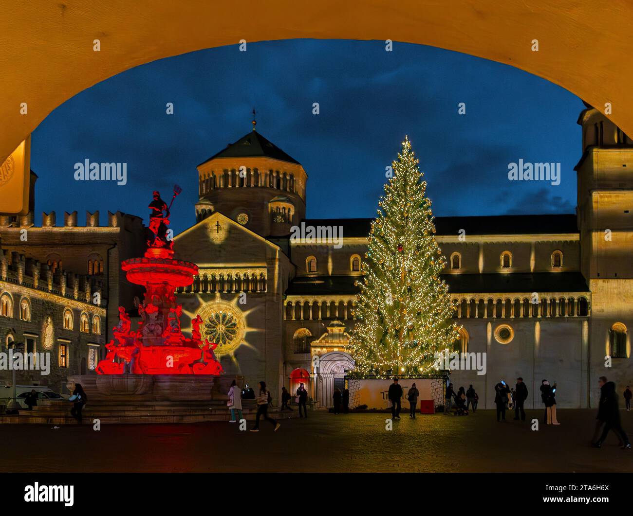 the Neptune fountain on the Duomo square with Christmas light. Details of the fountain, Trento,Trentino Alto Adige,northen Italy, Europe Stock Photo