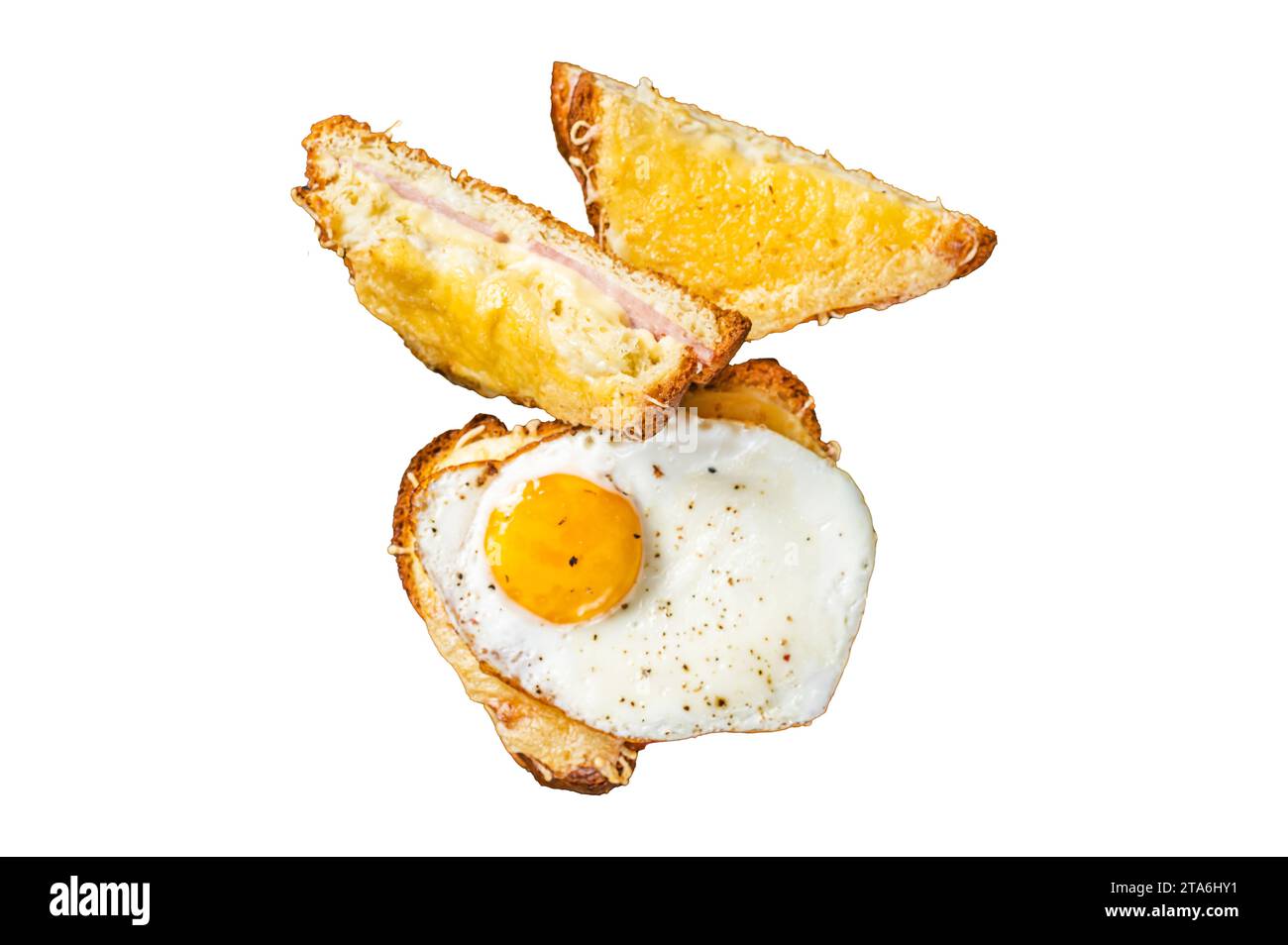 Croque monsieur and croque madame sandwiches with sliced ham, melted emmental cheese and egg, French toasts. Isolated, white background Stock Photo