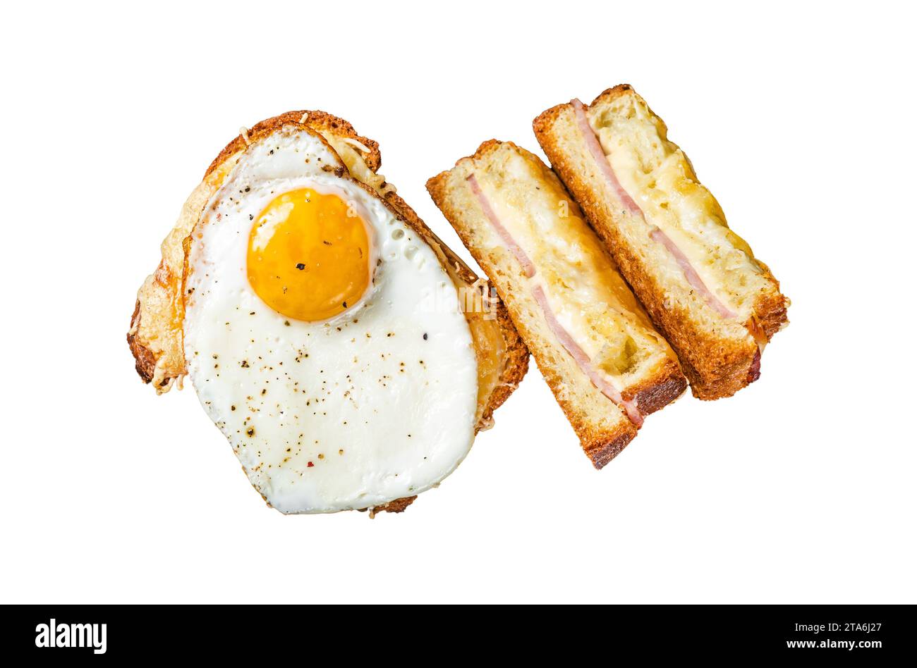 French toasts croque monsieur and croque madame with sliced ham, melted emmental cheese and egg. Isolated, white background Stock Photo