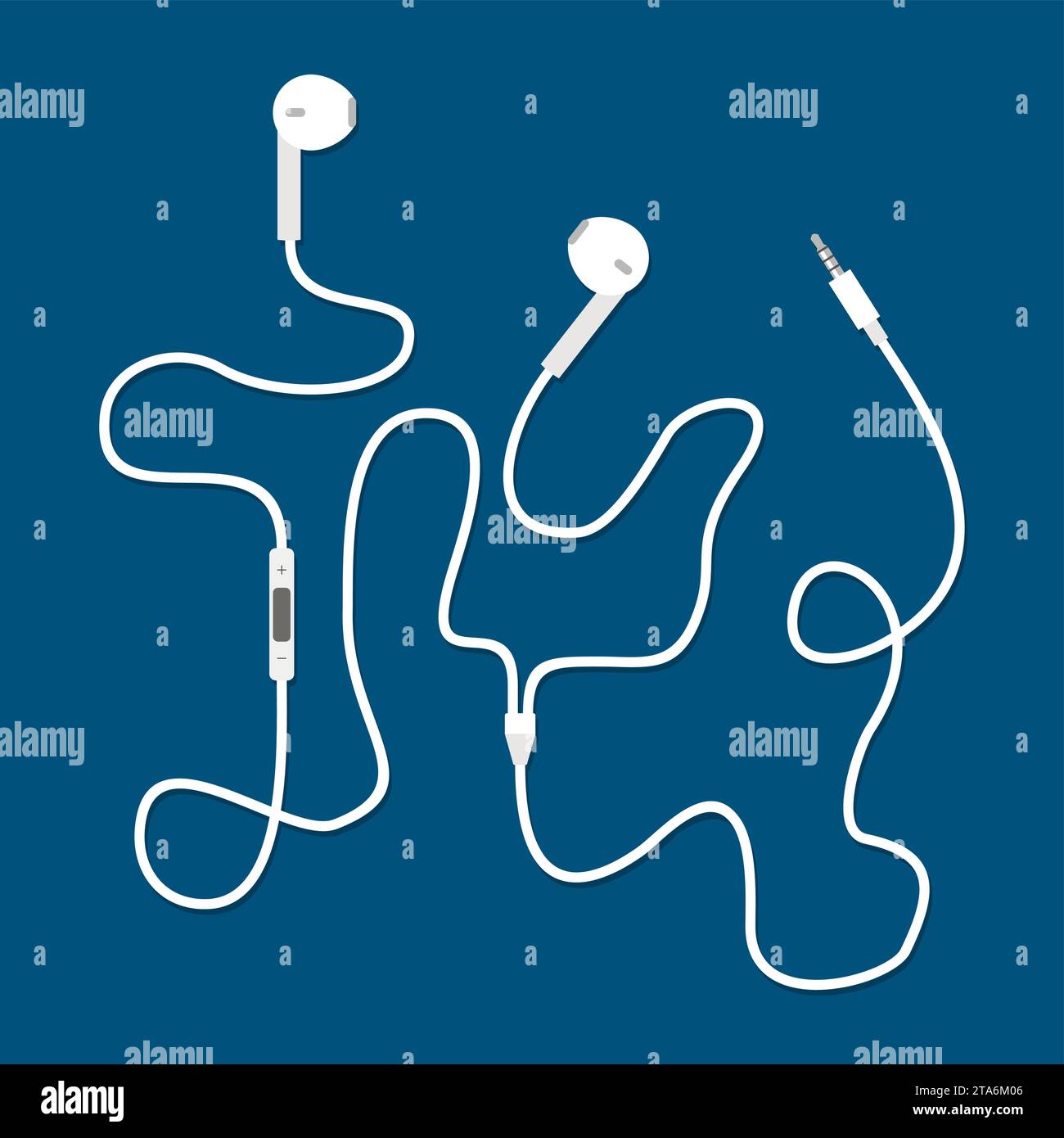 Earphones with connector and switch controller isolated on blue background, Vector illustration Stock Vector