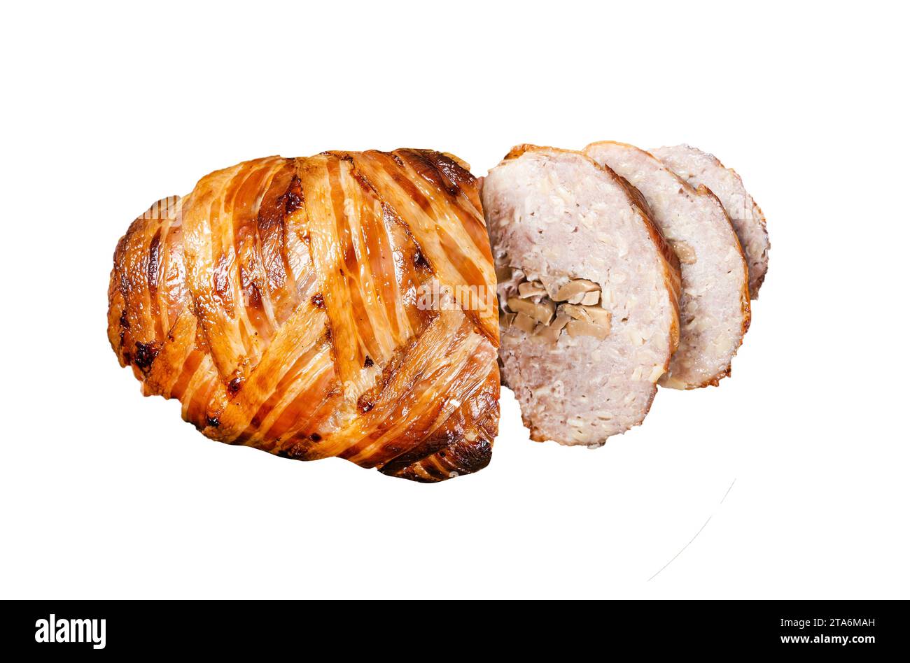 Roasted bacon wrapped meatloaf, sliced mince meat loaf. Isolated, white