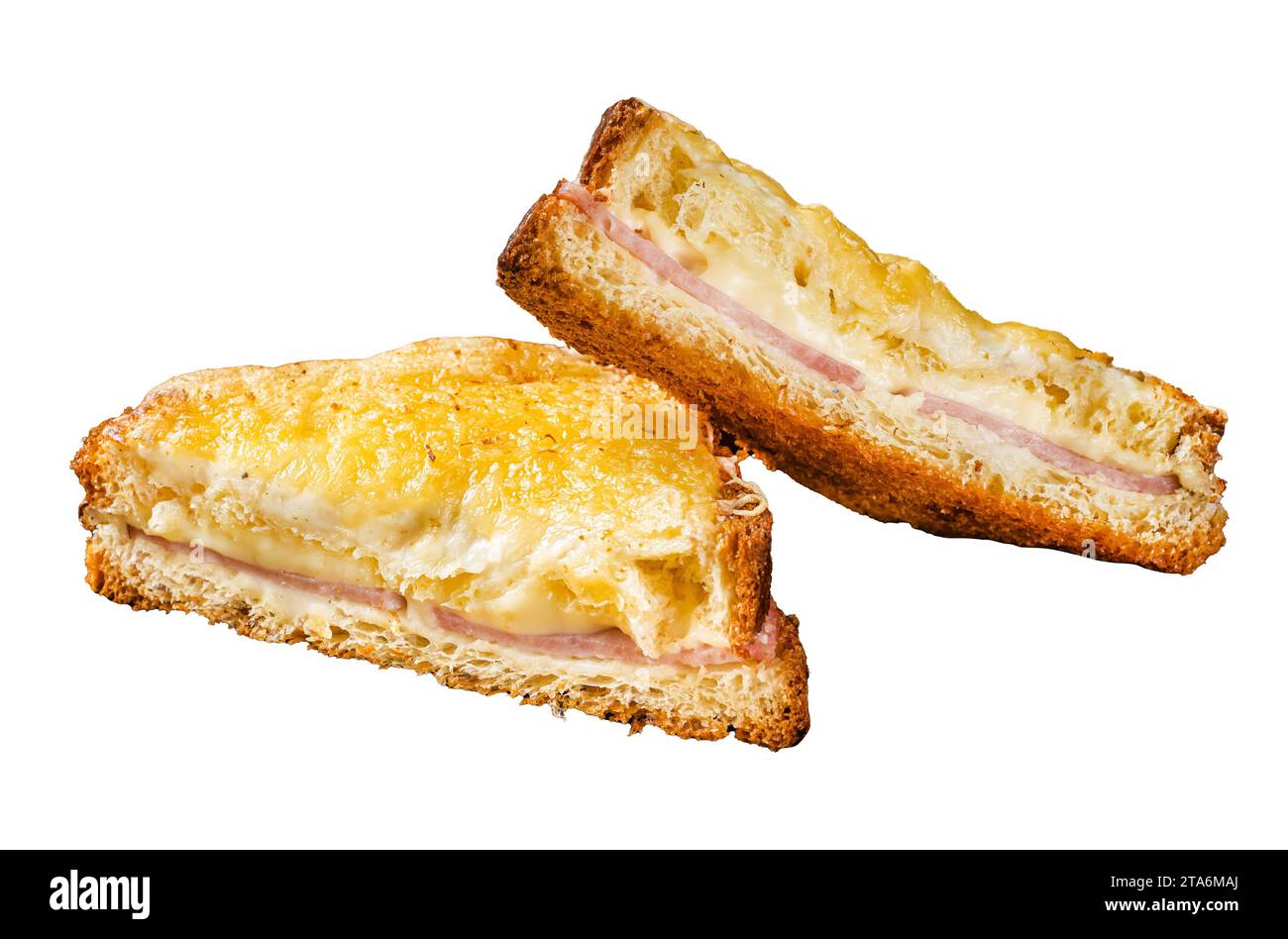 French toasts Croque monsieur and croque madame, grilled sandwiches on brioch bread with sliced ham, melted emmental cheese and egg. Isolated, white b Stock Photo