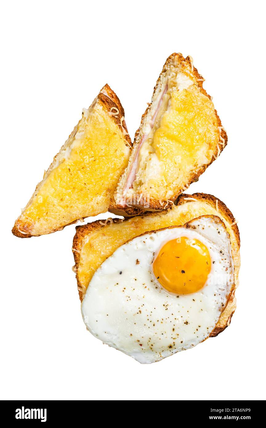 French toasts Croque monsieur and croque madame, grilled sandwiches on brioch bread with sliced ham, melted emmental cheese and egg. Isolated, white b Stock Photo