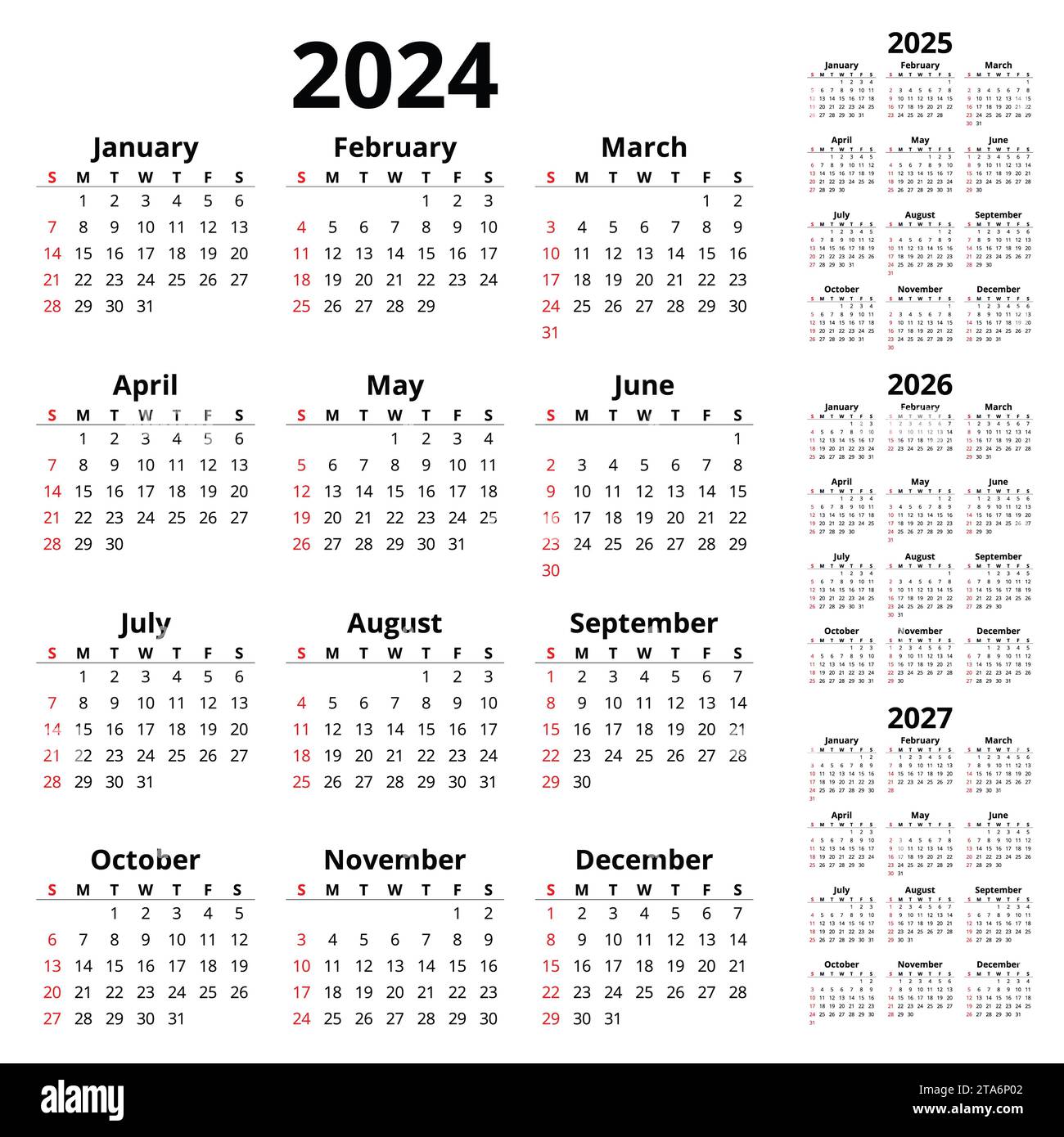 Vector 2024, 2025, 2026, 2027 vertical english calendars. Simple