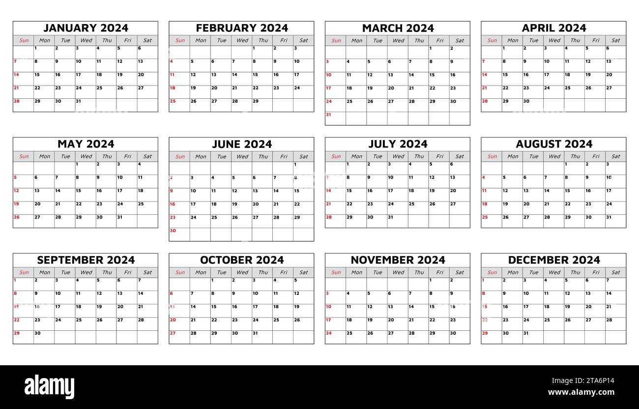 Modern collection of monthly calendars for 2024 year. Vector set with