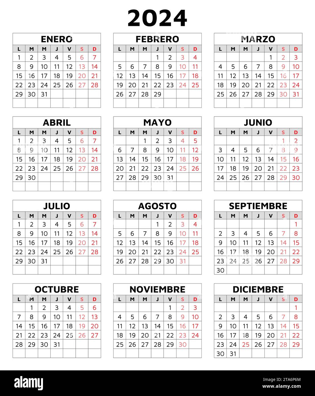 2024 spanish calendar. Simple printable vector template with grid