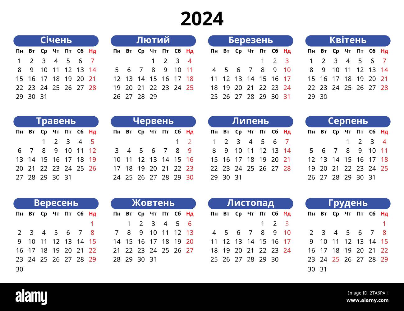 2024 ukrainian calendar. Modern vector template illustration in Ukraine