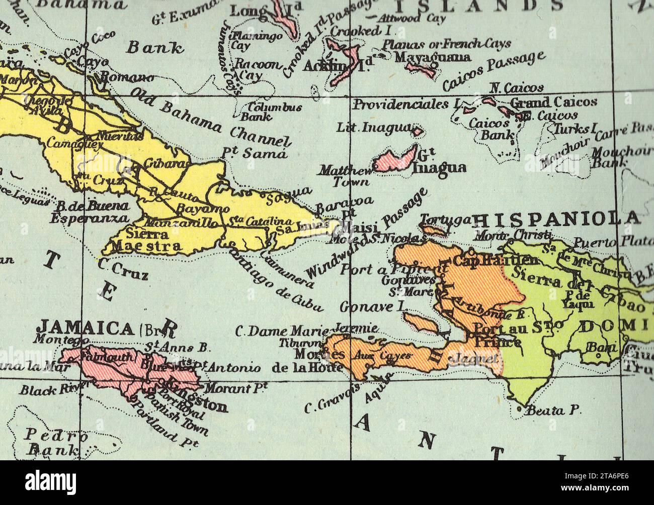 A vintage/antique political map of Cuba and Jamaica in sepia Stock ...
