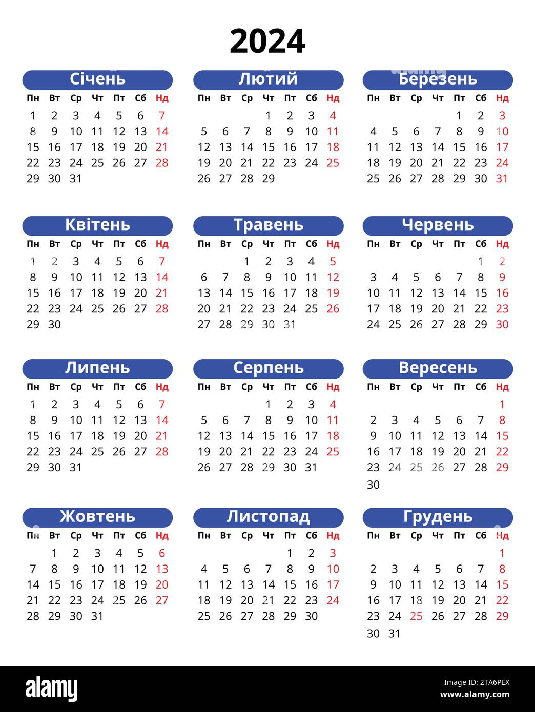 2024 ukrainian calendar. Modern vector template illustration in Ukraine