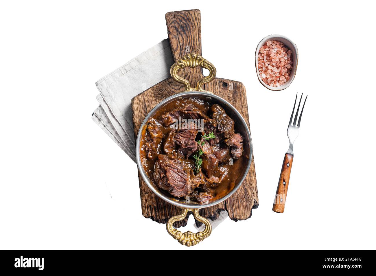 German braised beef cheeks in brown red wine sauce. Isolated, white