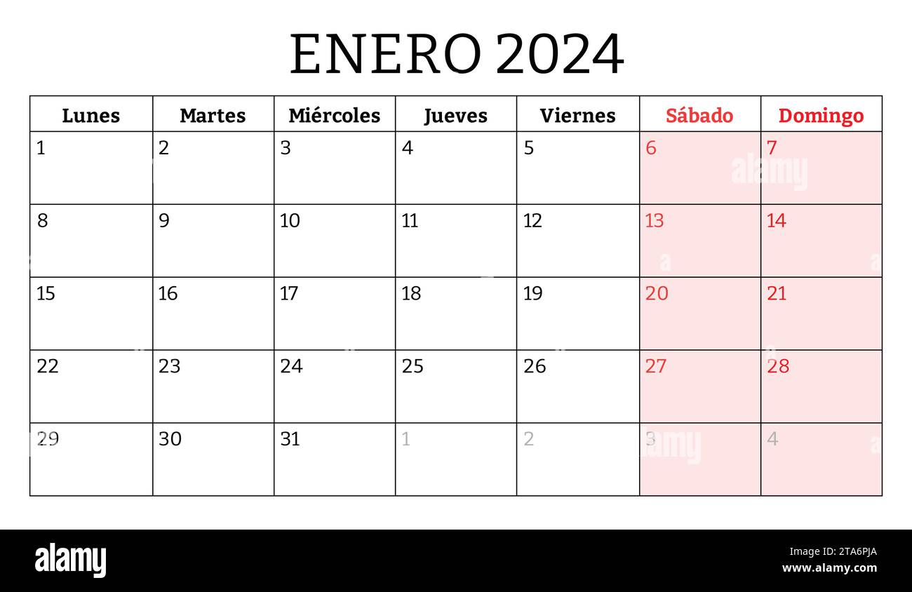 January 2024 spanish month calendar. Vector printable illustration